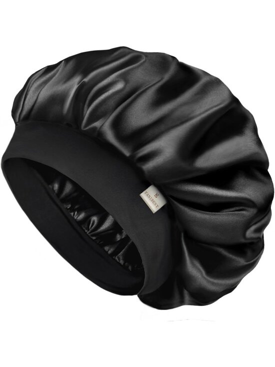 〽️Women Black Silk Bonnet Sleeping Double Layer Satin Natural Curly Hair Cap main image 4